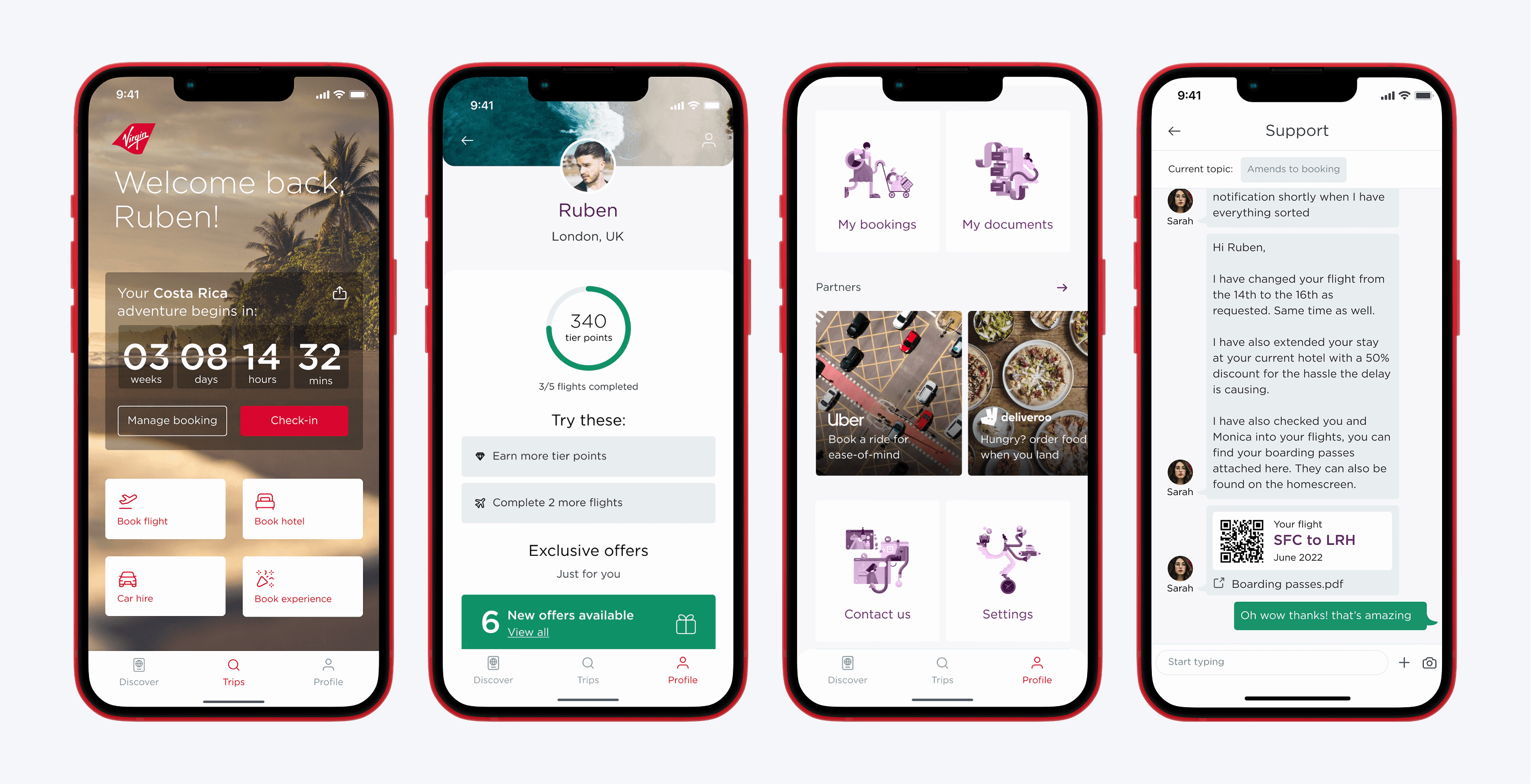 Four Virgin Atlantic app screens showing trip dashboard, profile, account hub, and support chat.