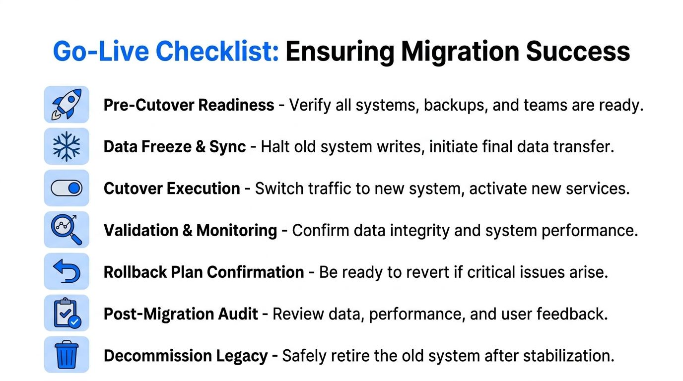 A checklist infographic outlining essential steps for successful technical data migration from legacy systems.