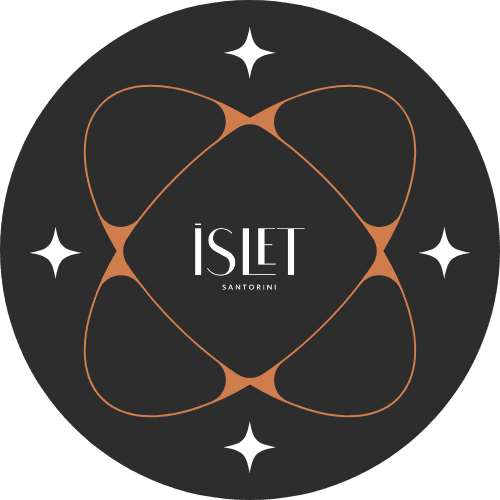 ISLET Santorini branded round coaster featuring an abstract organic motif with geometric symmetry