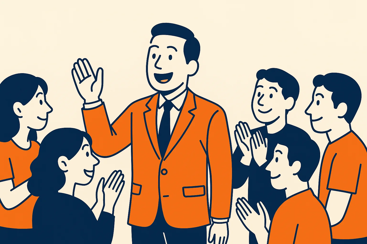 illustration-showing-business-leader-in-orange-suit-waving-to-group-of-people-applauding-representing-what-is-customer-experience-optimization
