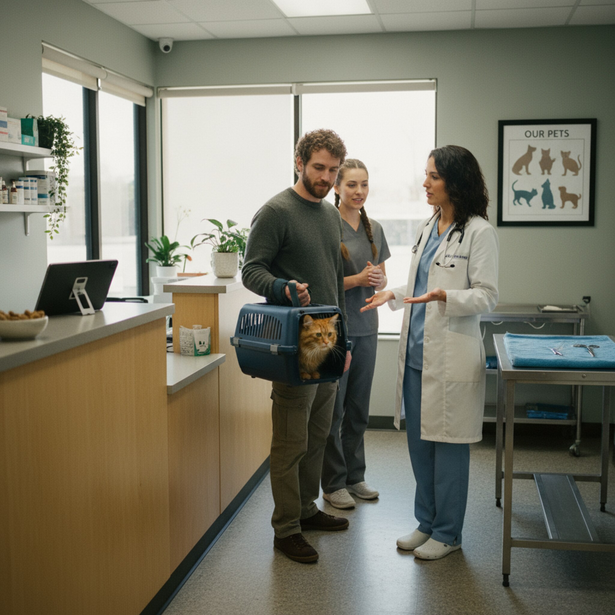 Eine Tierärztin begrüßt einen Halter mit einem nervösen Kater in einer Transportbox. Sie zeigt freundlich auf den vorbereiteten Behandlungsplatz, während eine Assistentin ruhige Worte findet. Die Stimmung ist geordnet, der Ablauf wirkt vorgeplant und auf die Situation zugeschnitten.
