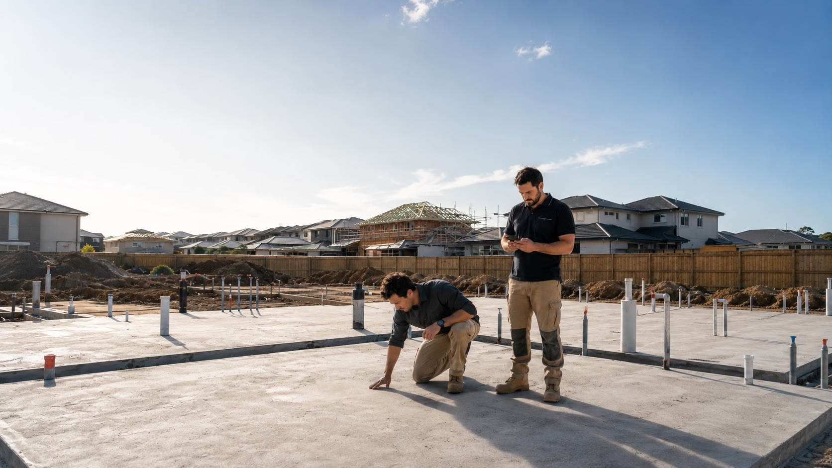 Two builders inspect a freshly poured concrete slab on a residential construction site, one crouching to check the surface while the other checks his phone.
