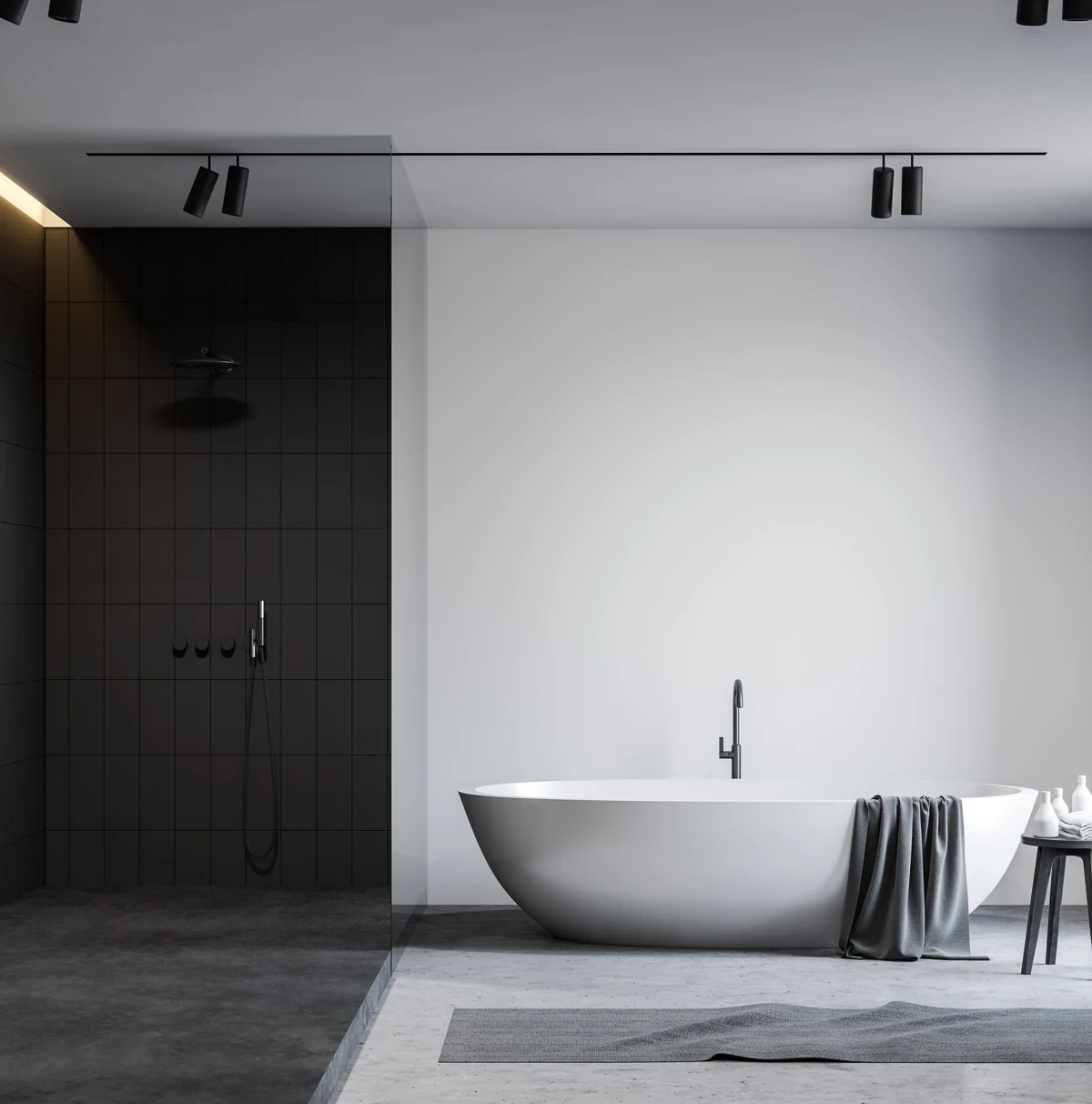 Bagno moderno con doccia walk-in, vasca bianca freestanding e design minimalista