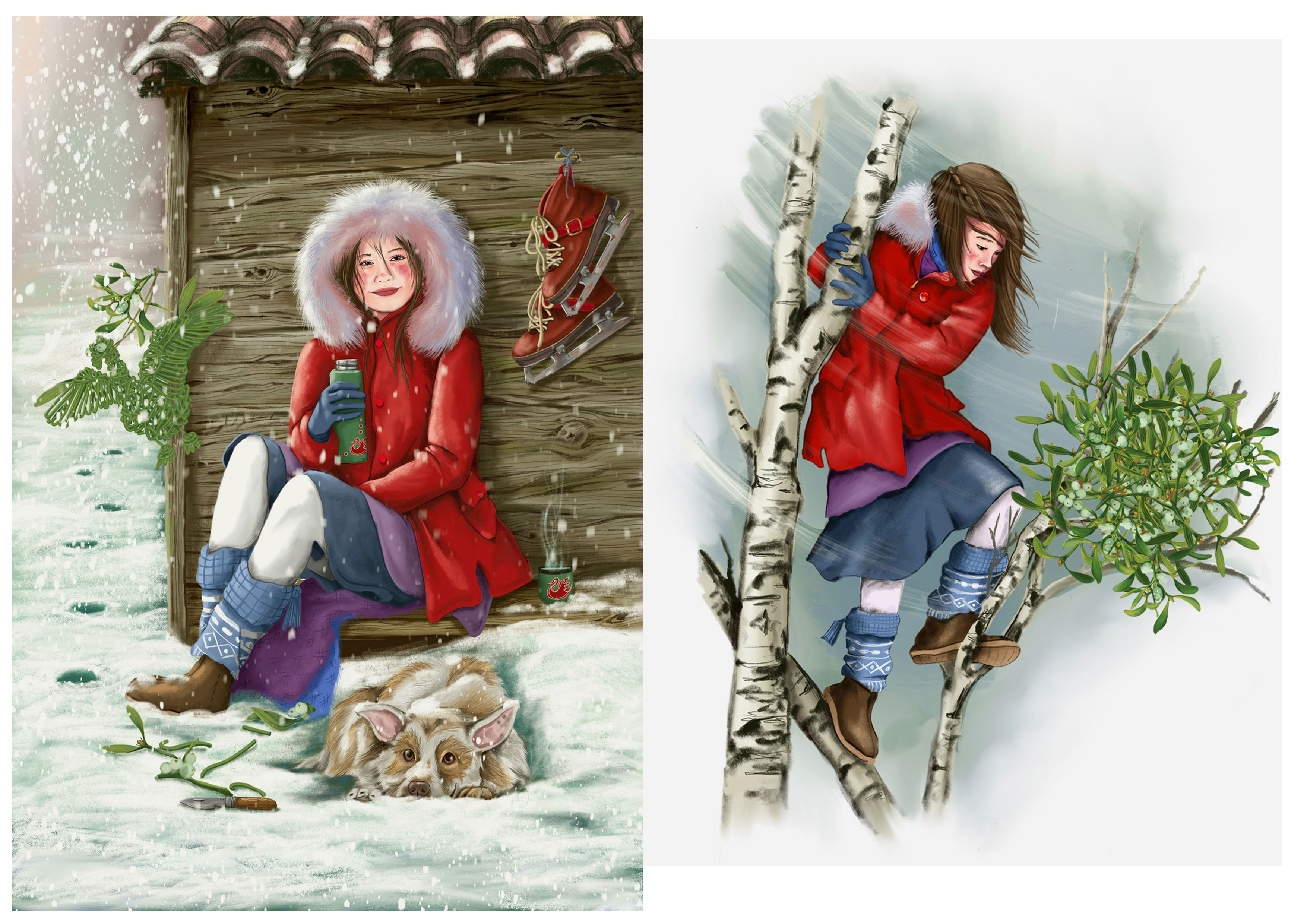 Ein mädchen sitzt im Schnee mit einem Hund vor einer Holzhütte und trinkt Tee. Ein mädchen im roten Mantel klettert in einer Birke