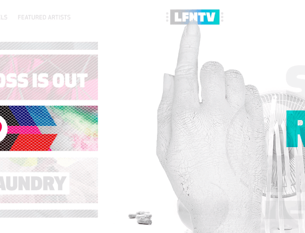 A white hand with a textured, cracked surface is pointing upward with its index finger. Below the hand, the word “LAUNDRY” is displayed in bold white letters. To the right, a white fan is partially visible. Above the hand, the LFNTV logo is visible. In the upper left corner, “FEATURED ARTISTS” is displayed in white text.