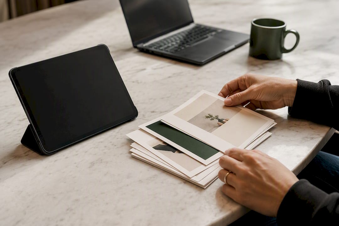 Hands flipping carousel document slides