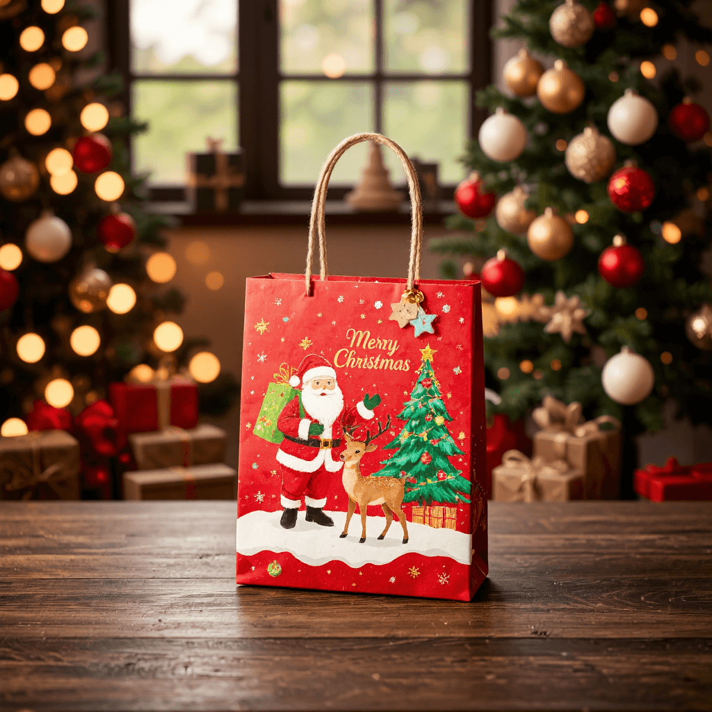 product photography of a decorative gift bag for Christmas