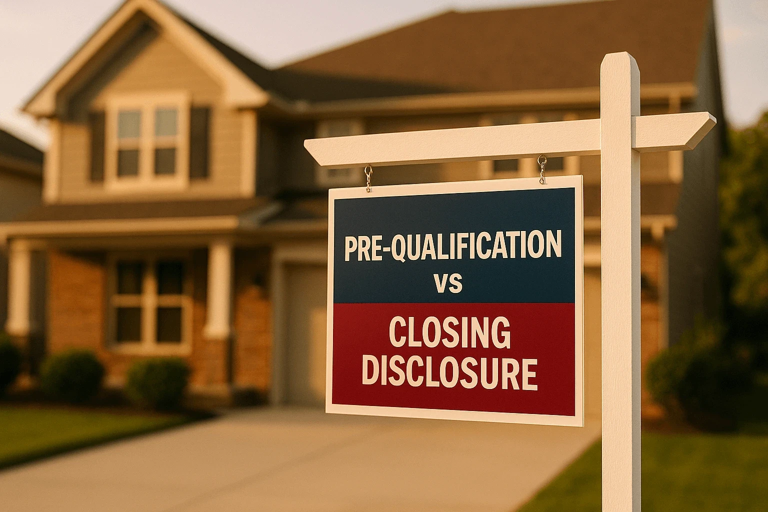 Real estate sign in front of a house displaying the words “Pre-qualification vs. Closing Disclosure”.