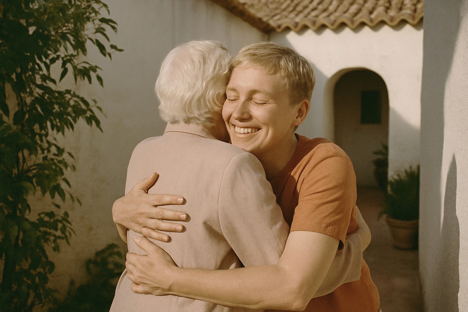 A joyful moment of a short-haired person warmly hugging an elderly woman outdoors, in front of a white-walled house under soft daylight.