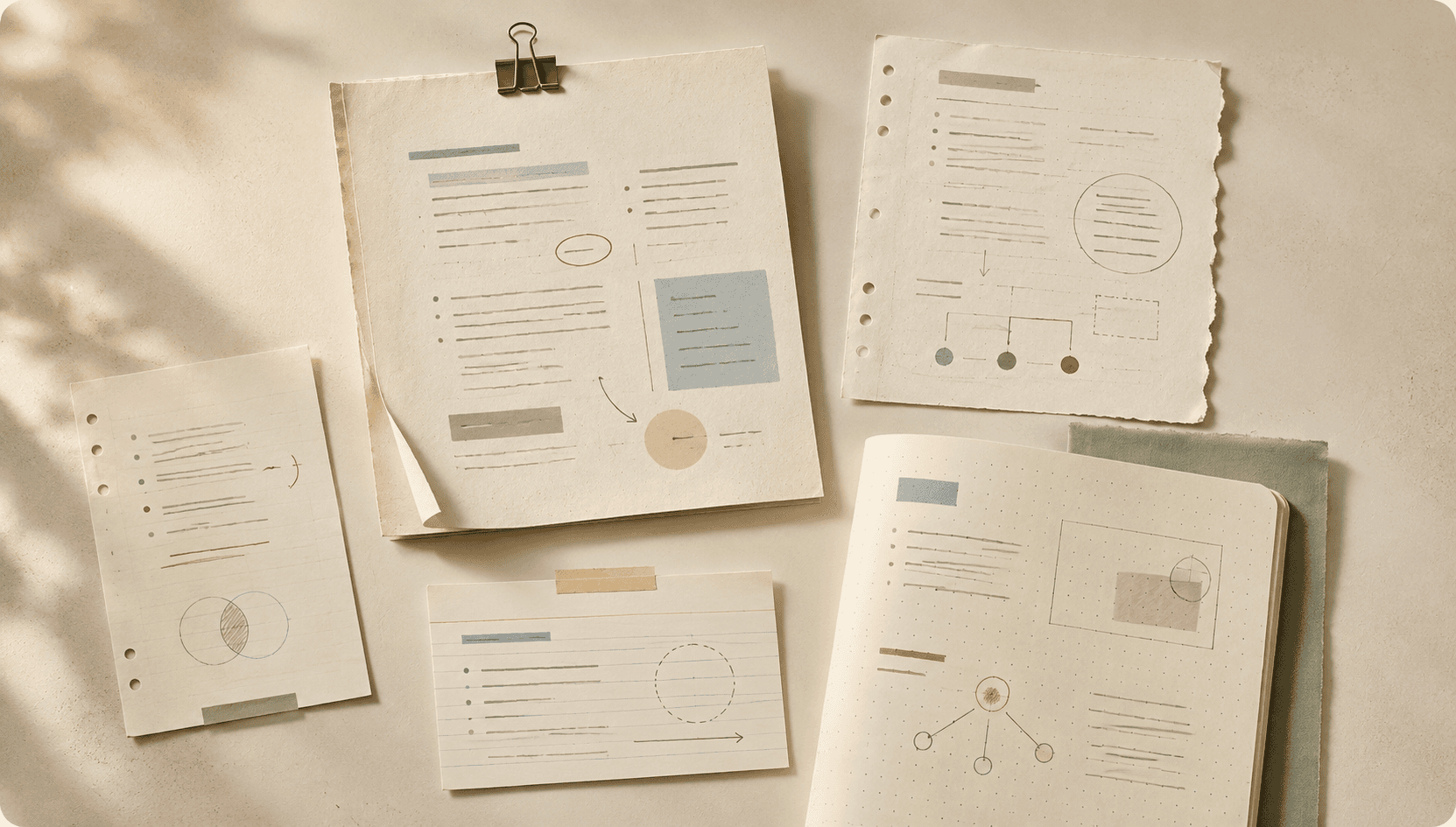 Editorial arrangement of notes, diagrams, index cards, and annotated pages on a warm cream surface, representing reflection, analysis, and developing ideas.
