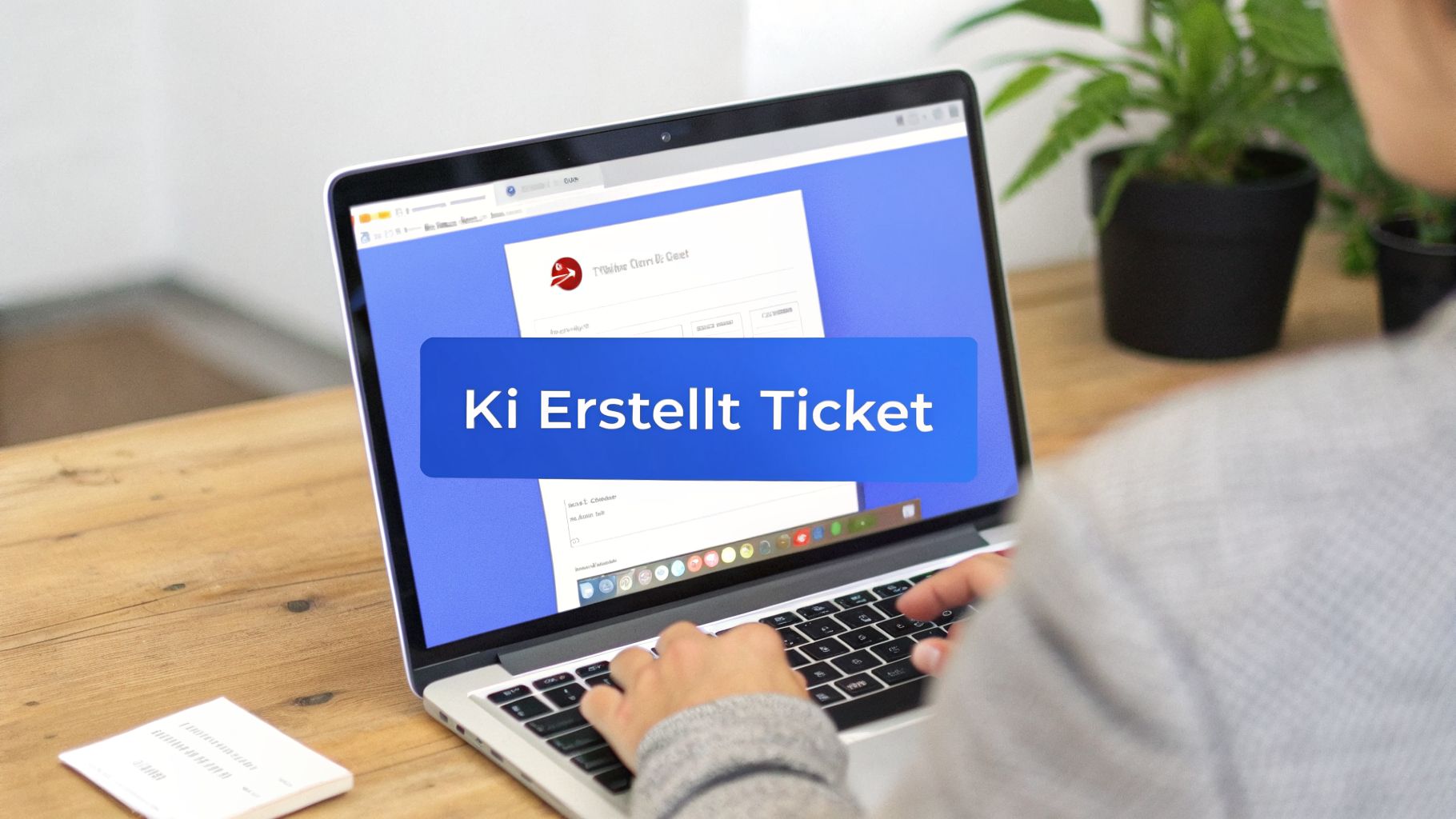 Eine Person tippt auf einem Laptop. Der Bildschirm zeigt den Text "Ki Erstellt Ticket" und ein Dokument.
