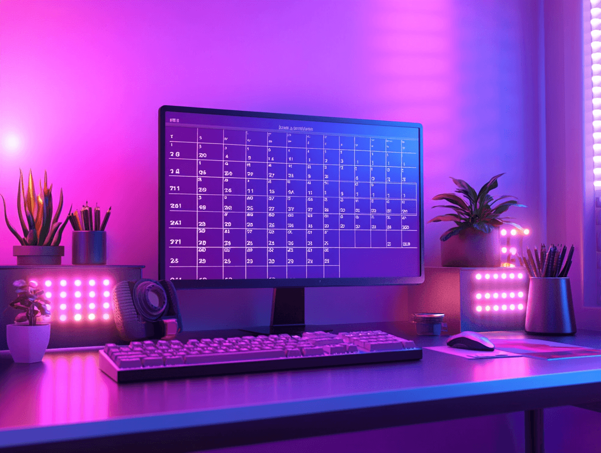 Computer steht auf rosa beleuchtetem Schreibtisch