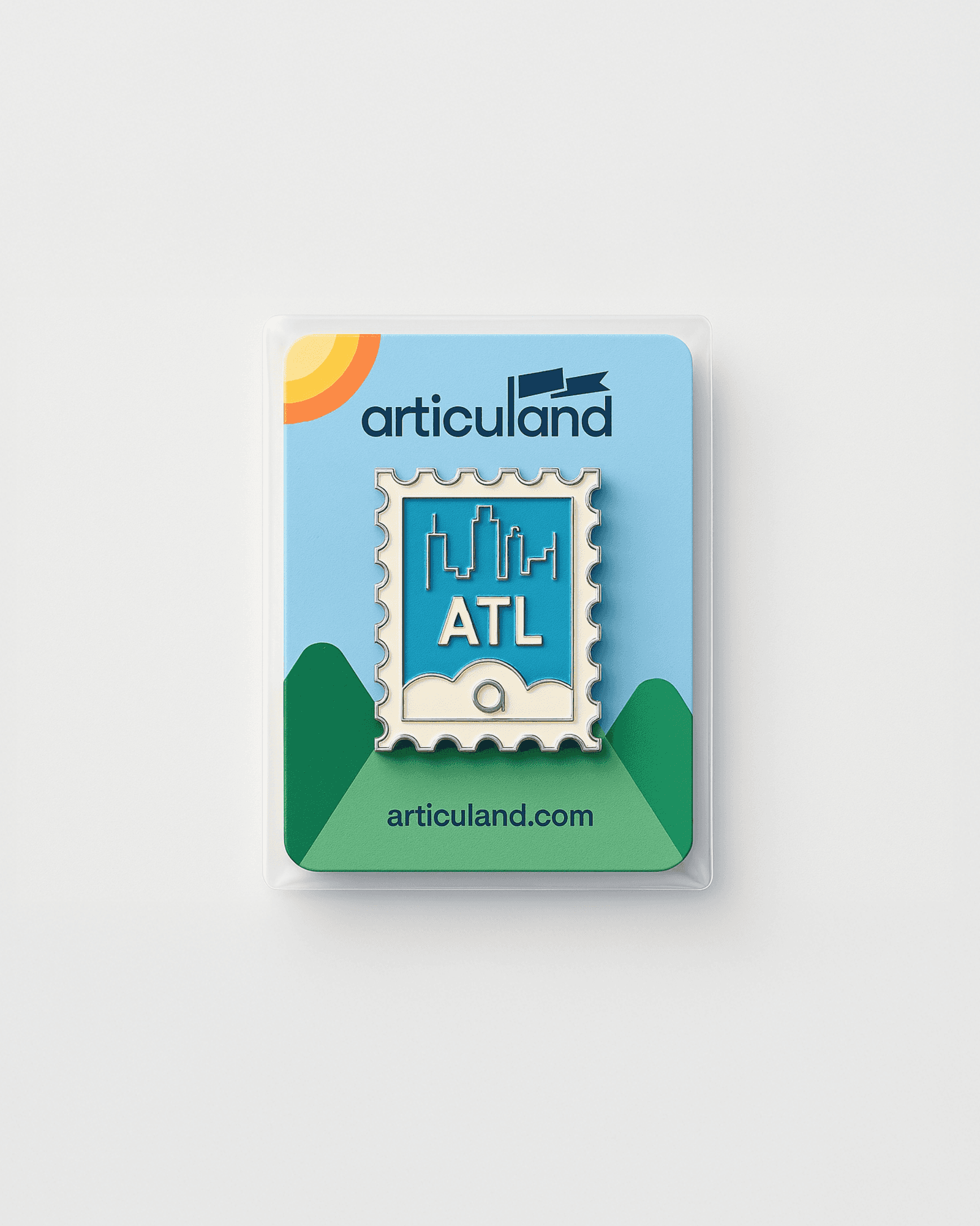 An Articuland enamel pin featuring an ATL skyline design shows the Premium and Conceptual tier of Articulate's swag framework.