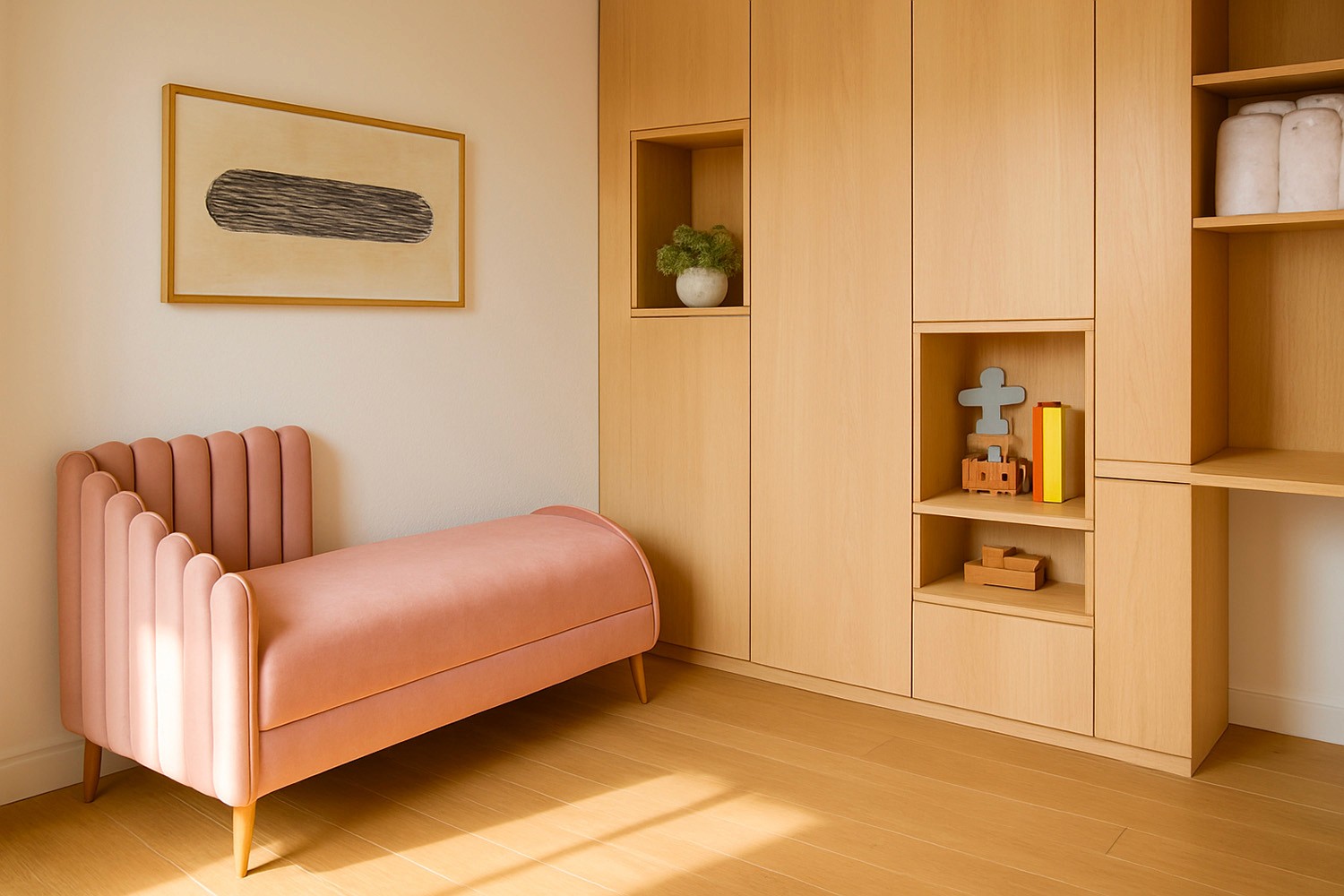 chambre enfant avec mobilier intégré bois clair – aménagement petit espace