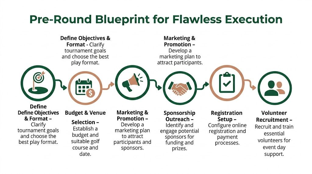 A flowchart infographic outlining essential steps for planning and executing local golf tournaments successfully.