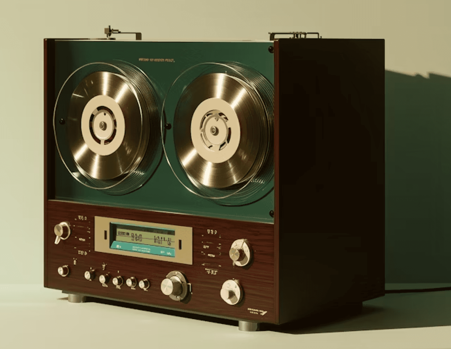 A vintage reel-to-reel tape recorder with shiny metallic reels and a rich wooden casing sits elegantly on a table, showcasing intricate knobs and a classic analog display for an authentic retro audio experience.