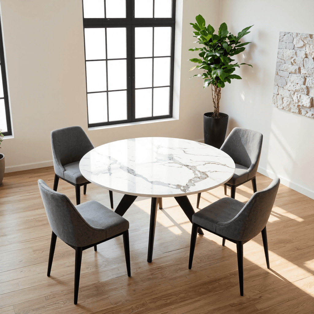 product photography of a dining table set with six chairs