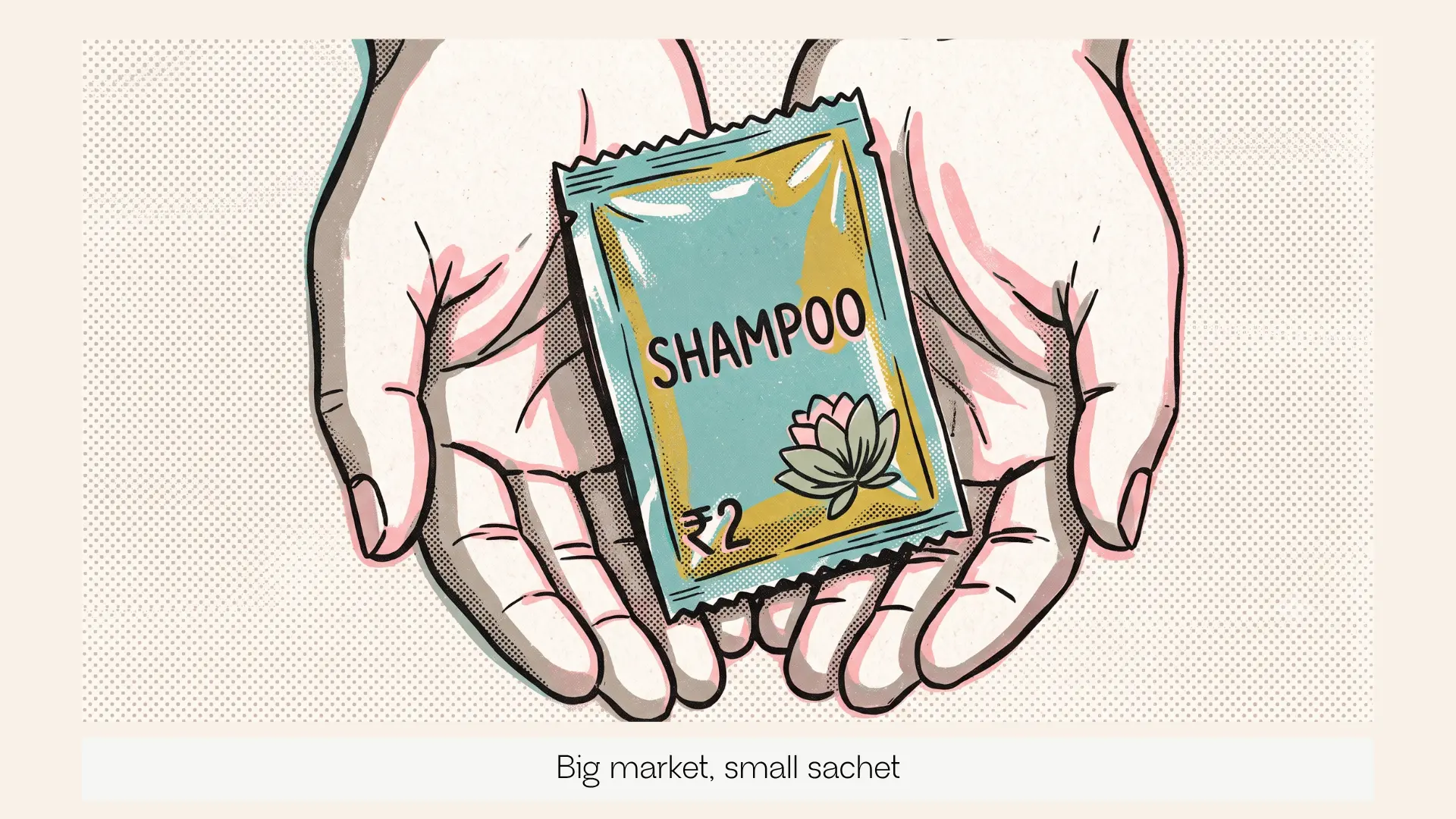 Hands holding a ₹2 sachet of shampoo.