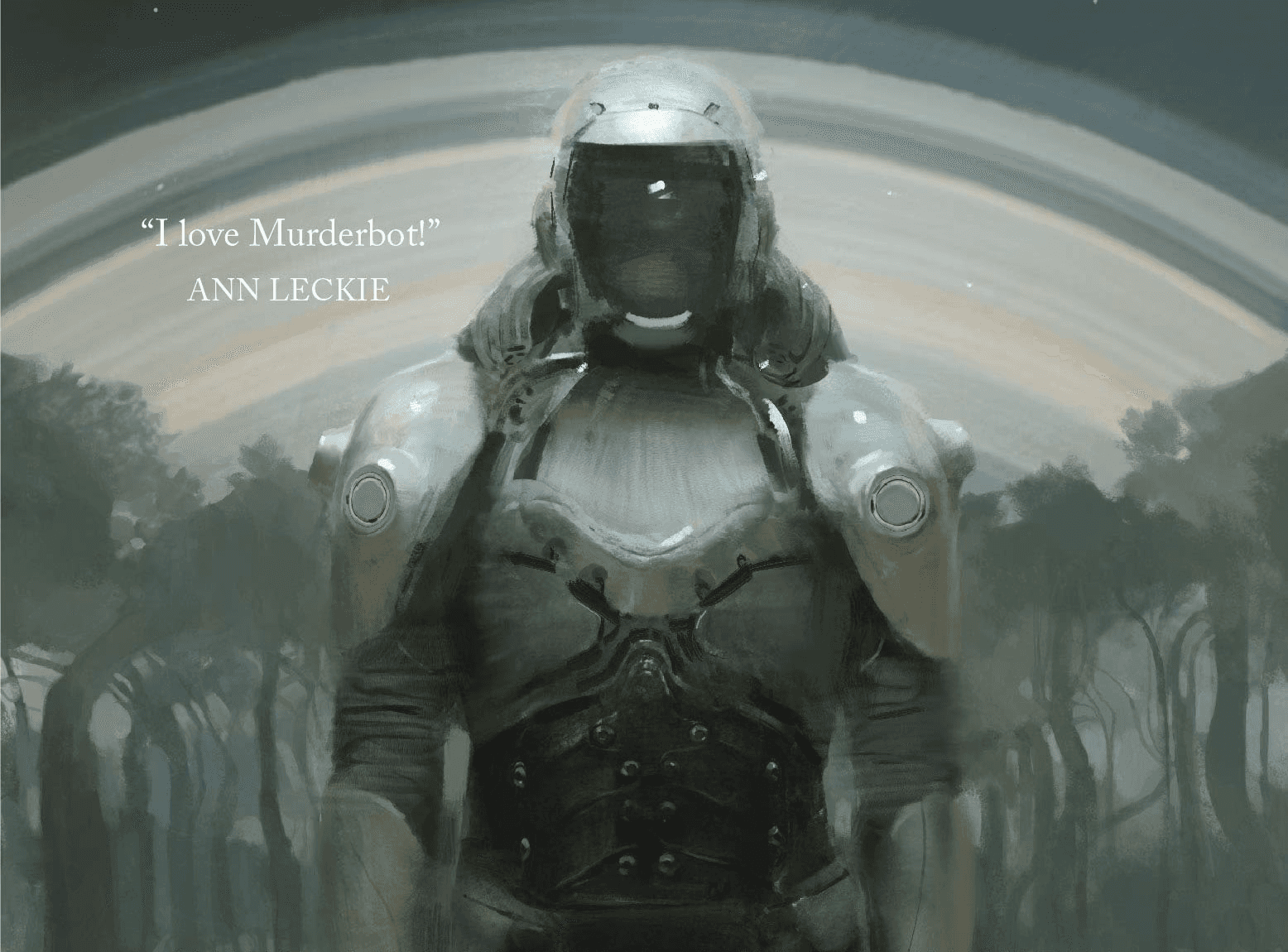 Cover art for the Murderbot Diaries book All Systems Red, showing a futuristic grey robot set against a  muted sci-fi scene in the background