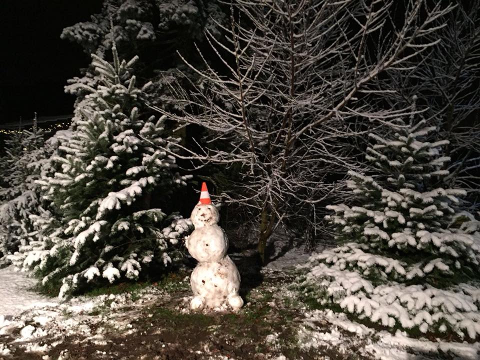 Schneemann in einer winterlichen Landschaft mit verschneiten Bäumen