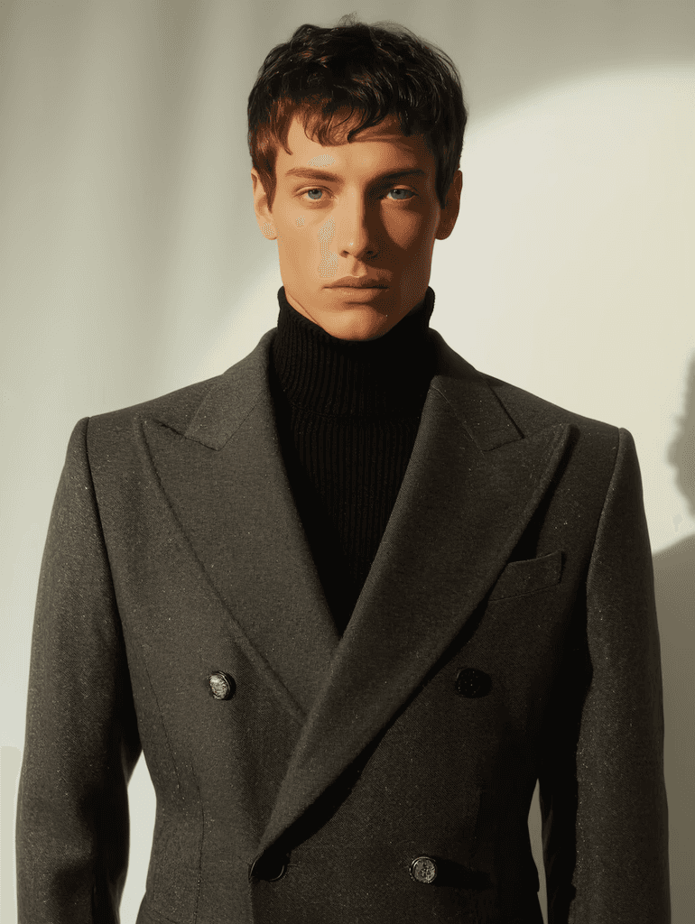 A person in a gray double-breasted suit and black turtleneck stands in warm lighting, facing forward. The expression is serious and composed.
