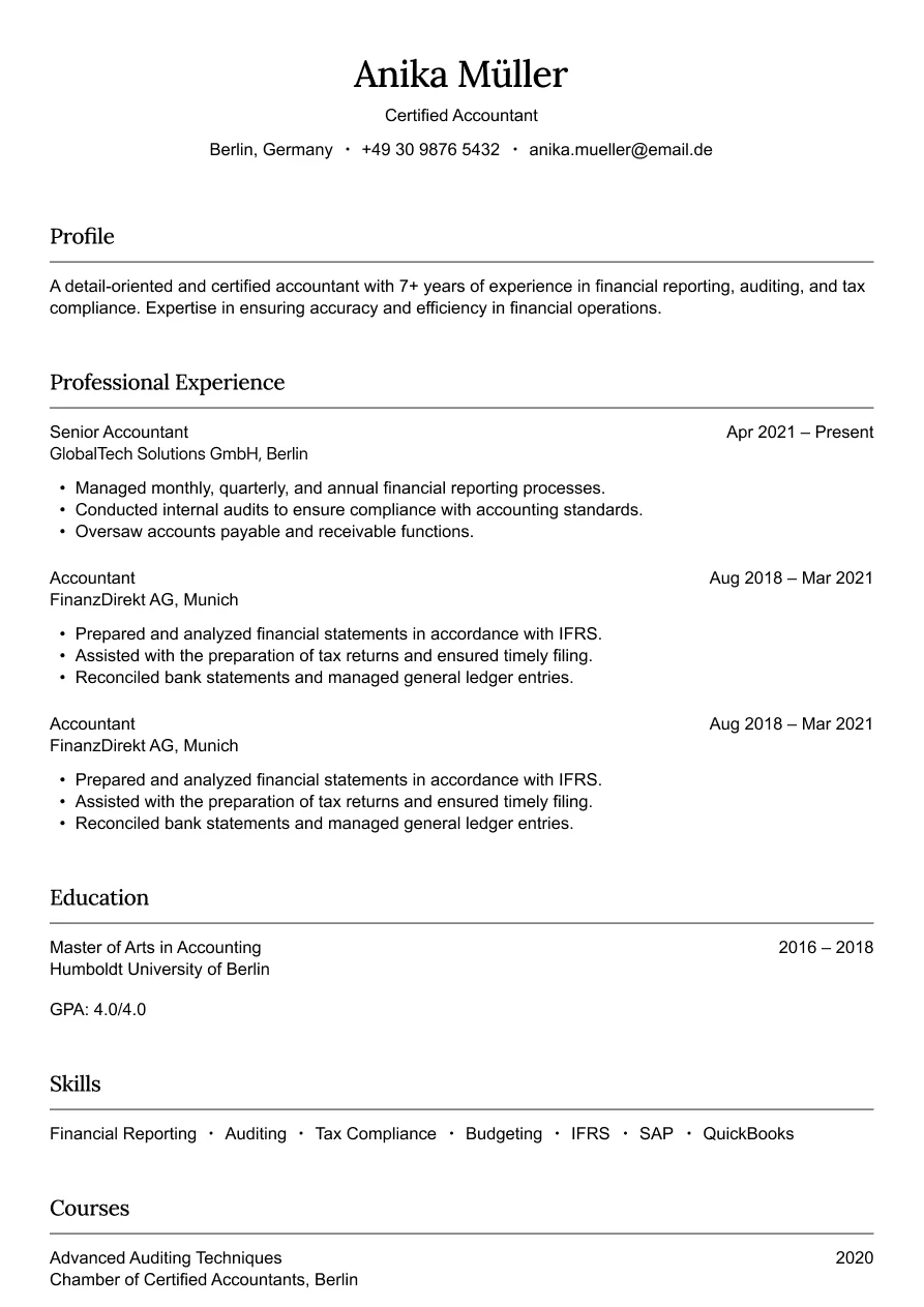 Clean resume for accountants with strong emphasis on skills, education, and certifications.