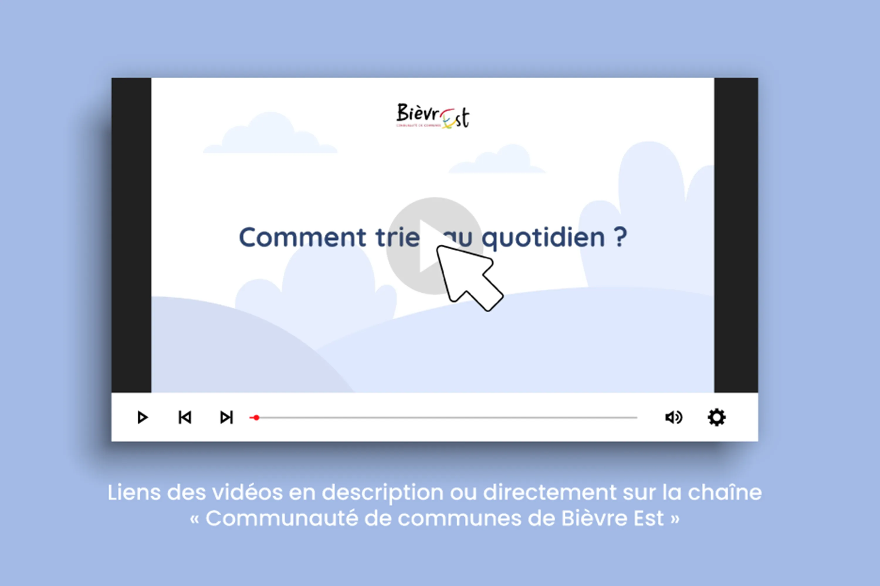 Mockup d'un écran sur lequel on voit la miniature de l'une des vidéos sur le tri réalisées pour Bièvre Est. Il est écrit : Liens des vidéos en description ou directement sur la chaîne "Communauté de communes de Bièvre Est"