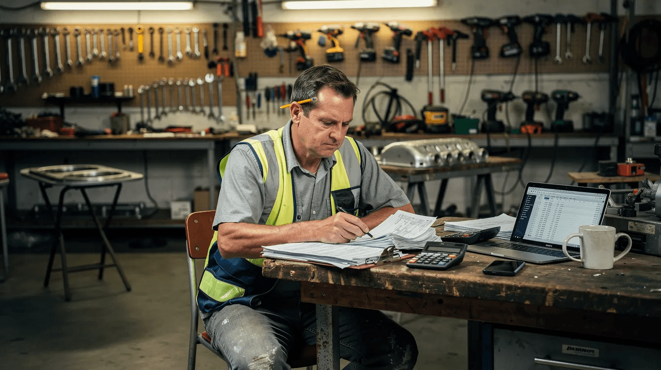 An Australian small business owner is seated at a workshop desk, reviewing paperwork while tools are visible in the background. This scene highlights the importance of effective cash flow management as the owner navigates paperwork related to managing cash flow and ensuring a profitable business.