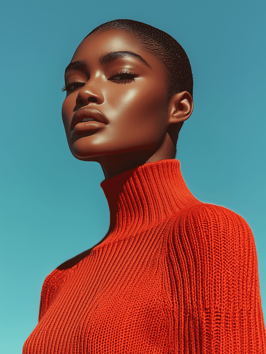 A person with short hair poses confidently in a bright red turtleneck against a blue backdrop.
