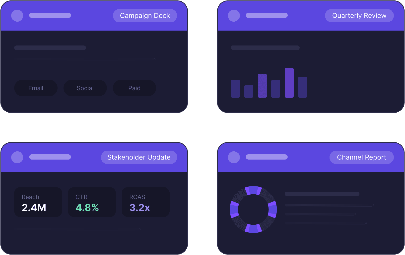Decktopus AI presentation examples for marketing managers, showing a campaign deck, quarterly review chart, stakeholder update with reach and ROAS metrics, and channel report.