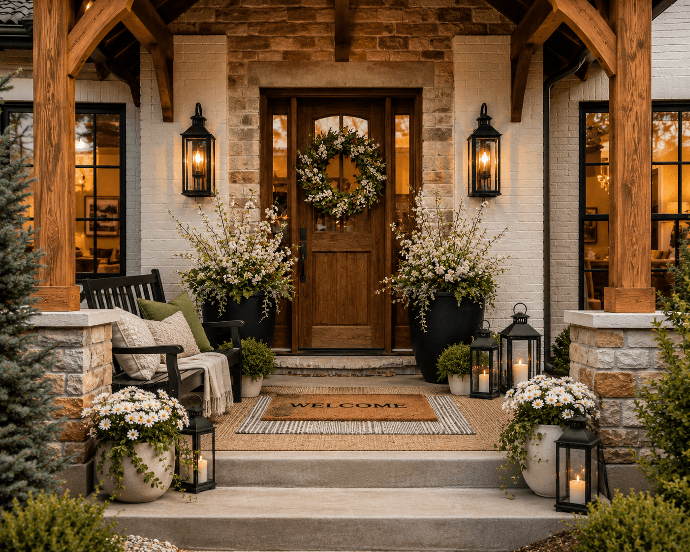 A refined spring porch with wooden seating, greenery, and styled outdoor living details.