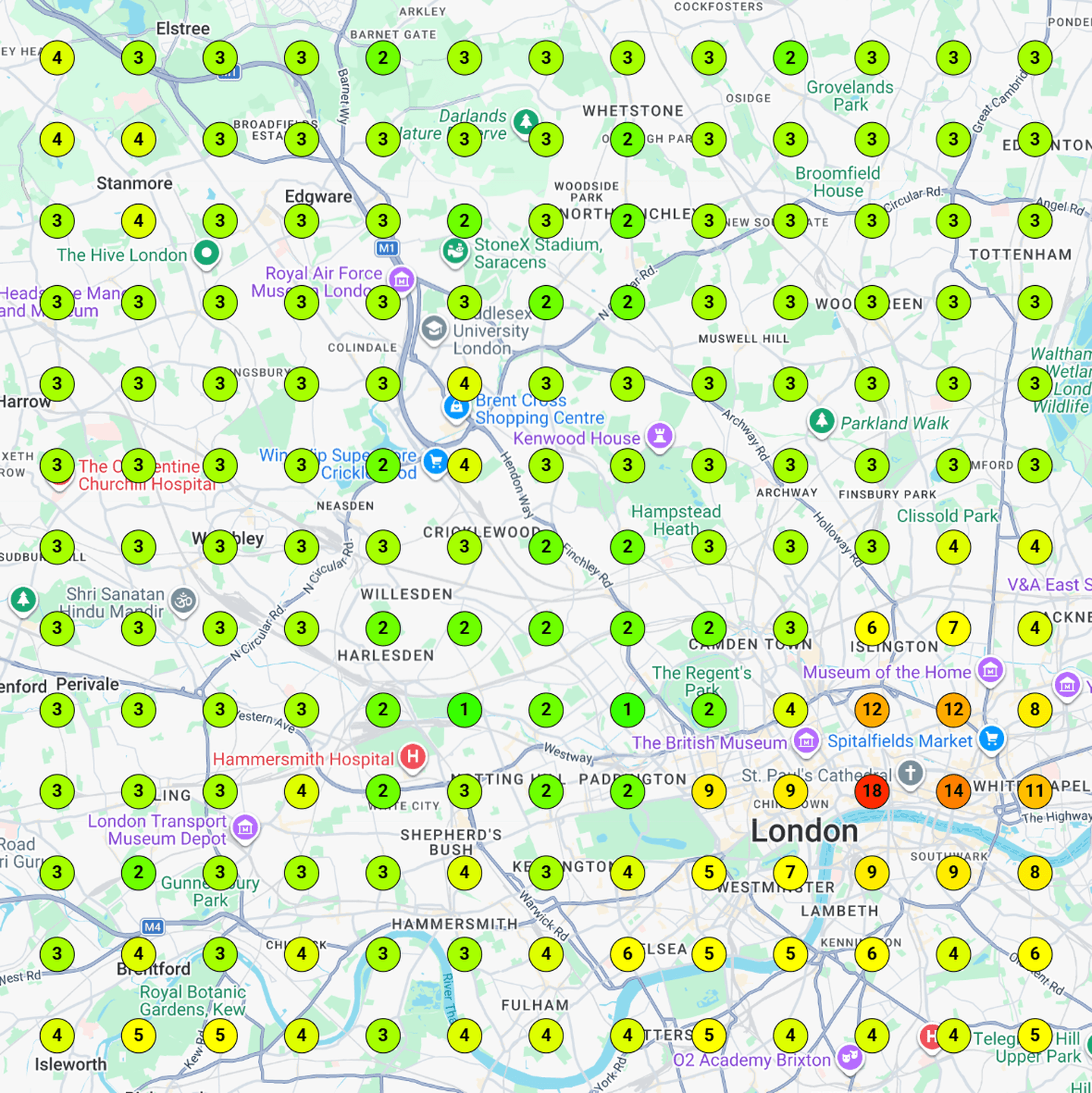 Map scan of Google's local results for bespoke cartier watch straps across London on 12 June 2026: INRO London is in the top three across 71.01% of the grid, average map position 3.70