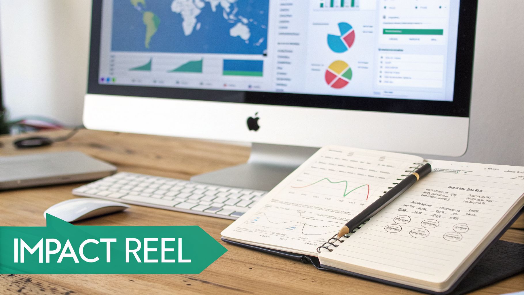 Bureau professionnel avec iMac affichant des graphiques d'analyse de données, clavier, souris, et un carnet ouvert avec un stylo.