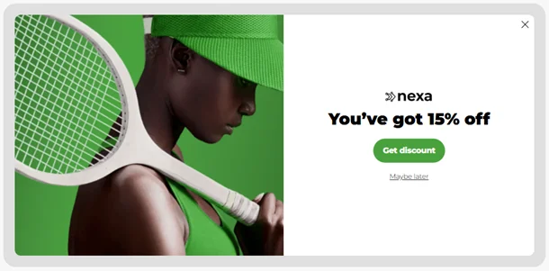 Exit-intent discount popup template by Claspo featuring a 15% off offer and athletic lifestyle photography to boost eCommerce conversion rates