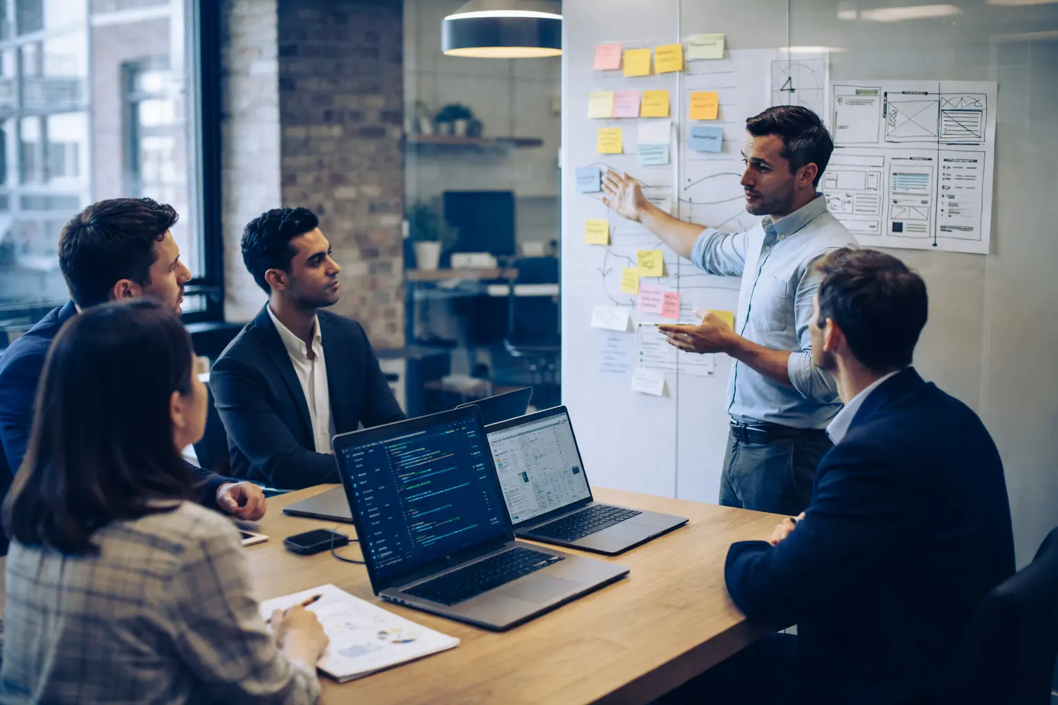 A group of people having a meeting at the office