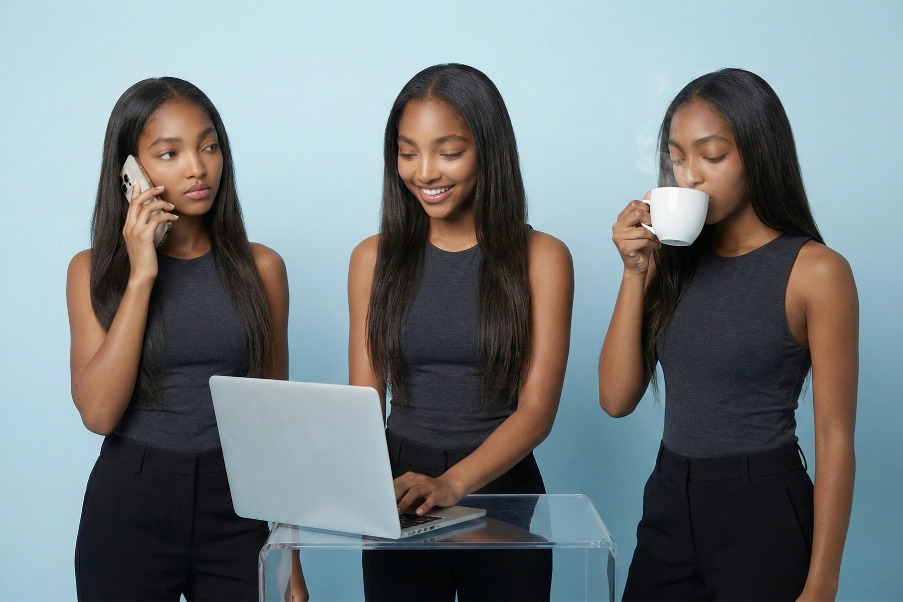 Mehrfach dargestellter digitaler Avatar einer Frau bei Telefonat, Arbeit am Laptop und Kaffeepause – Symbol für KI-Videoerstellung, Avatar-Videos und automatisierte Kommunikation. Professionelle KI Videos erstellen lassen für Unternehmen in Köln und Bergisch Gladbach, skalierbar und ohne Kamera.