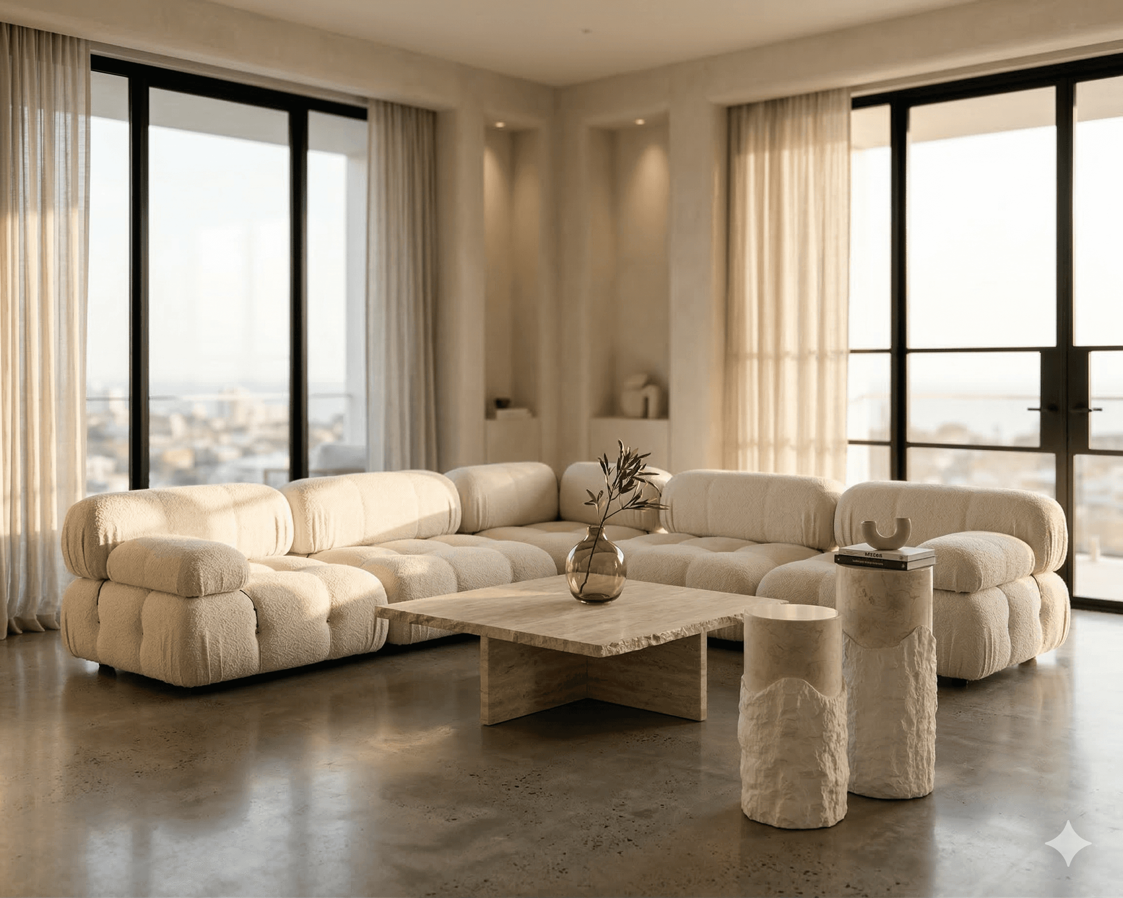 Soft peach-toned interior with curved steps, warm lighting, pampas grass, and an orange pouf.