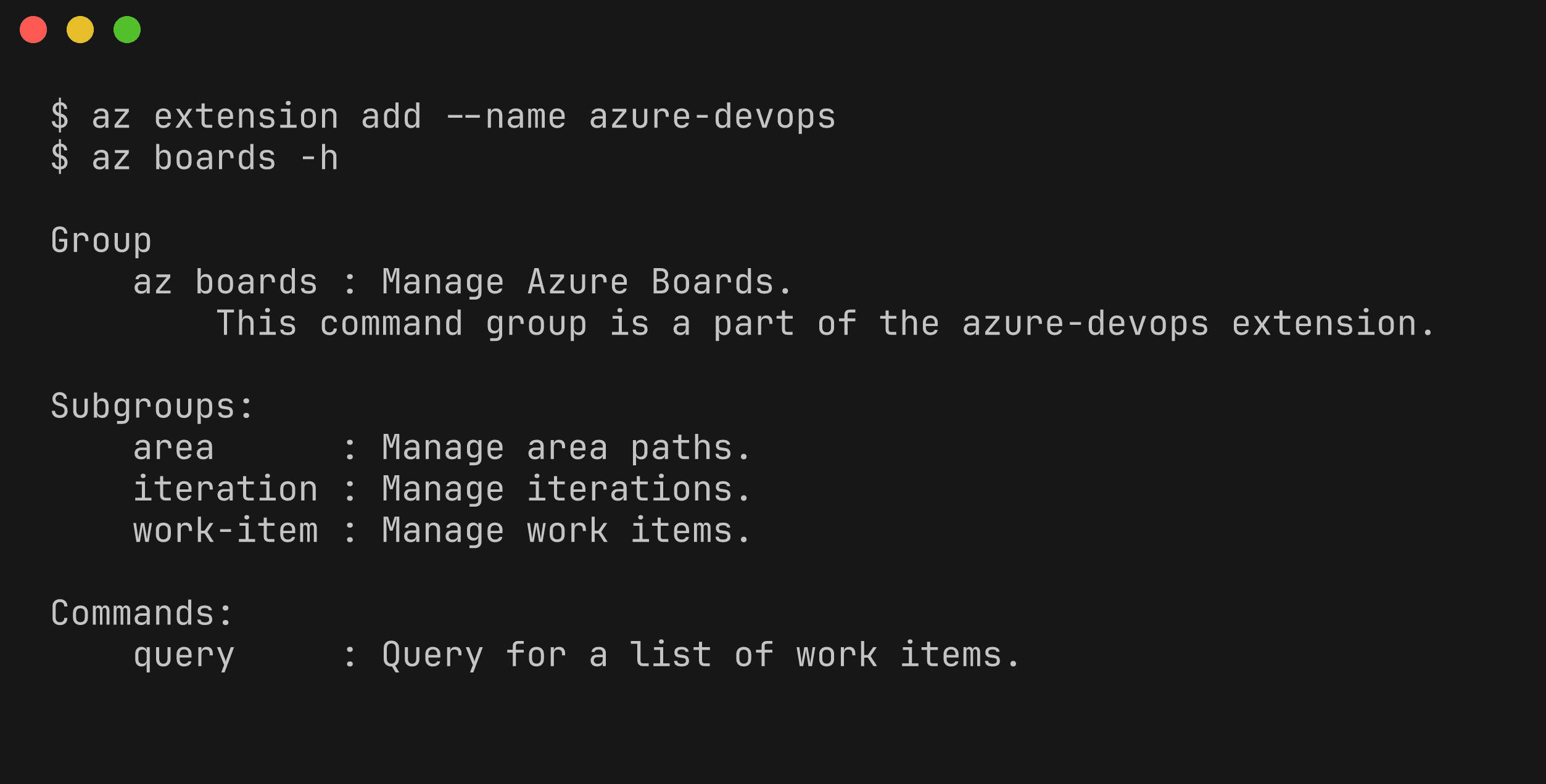 Terminal output of az boards -h showing the area, iteration, and work-item subgroups and the query command