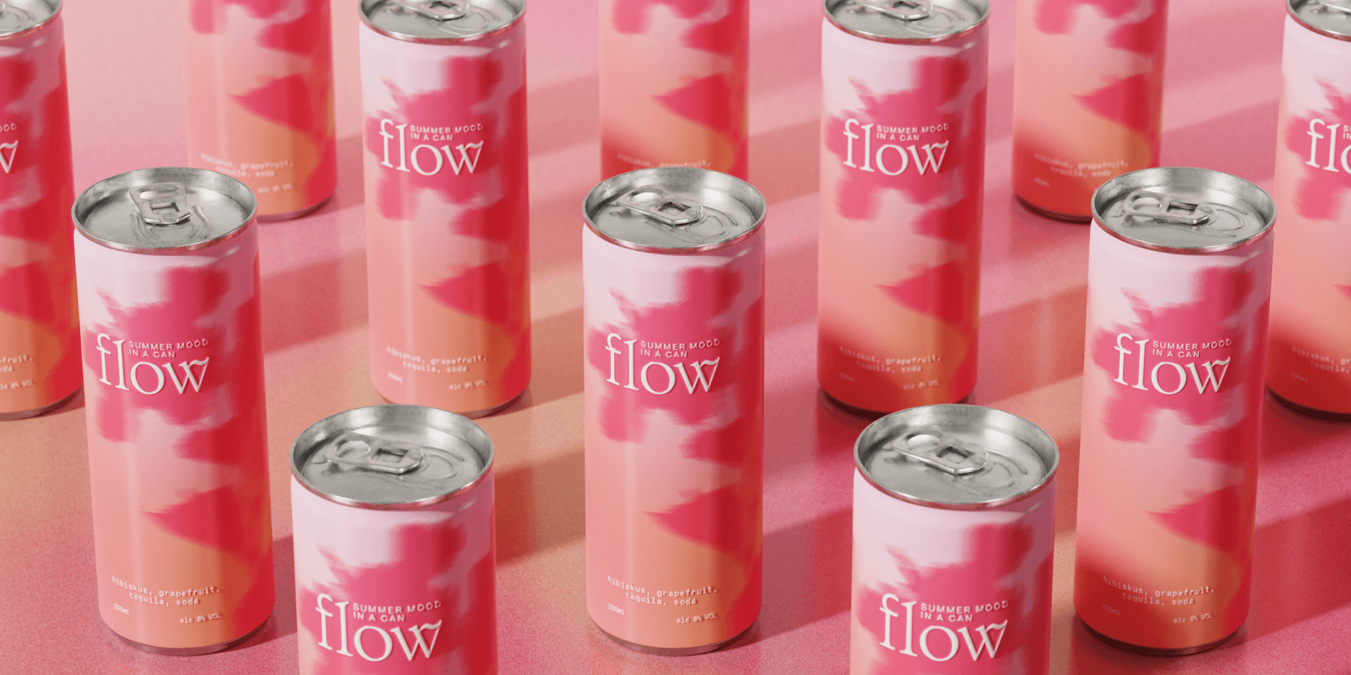 The flow brand world – pink aluminum cans titled "Summer mood in a can" featuring watercolor-style gradient typography, arranged in a grid.