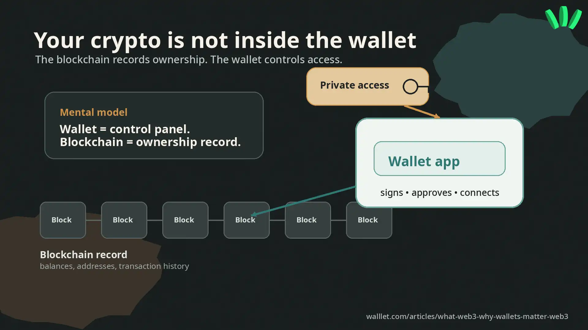 Explainer showing that crypto is recorded on the blockchain while the wallet controls access to the account