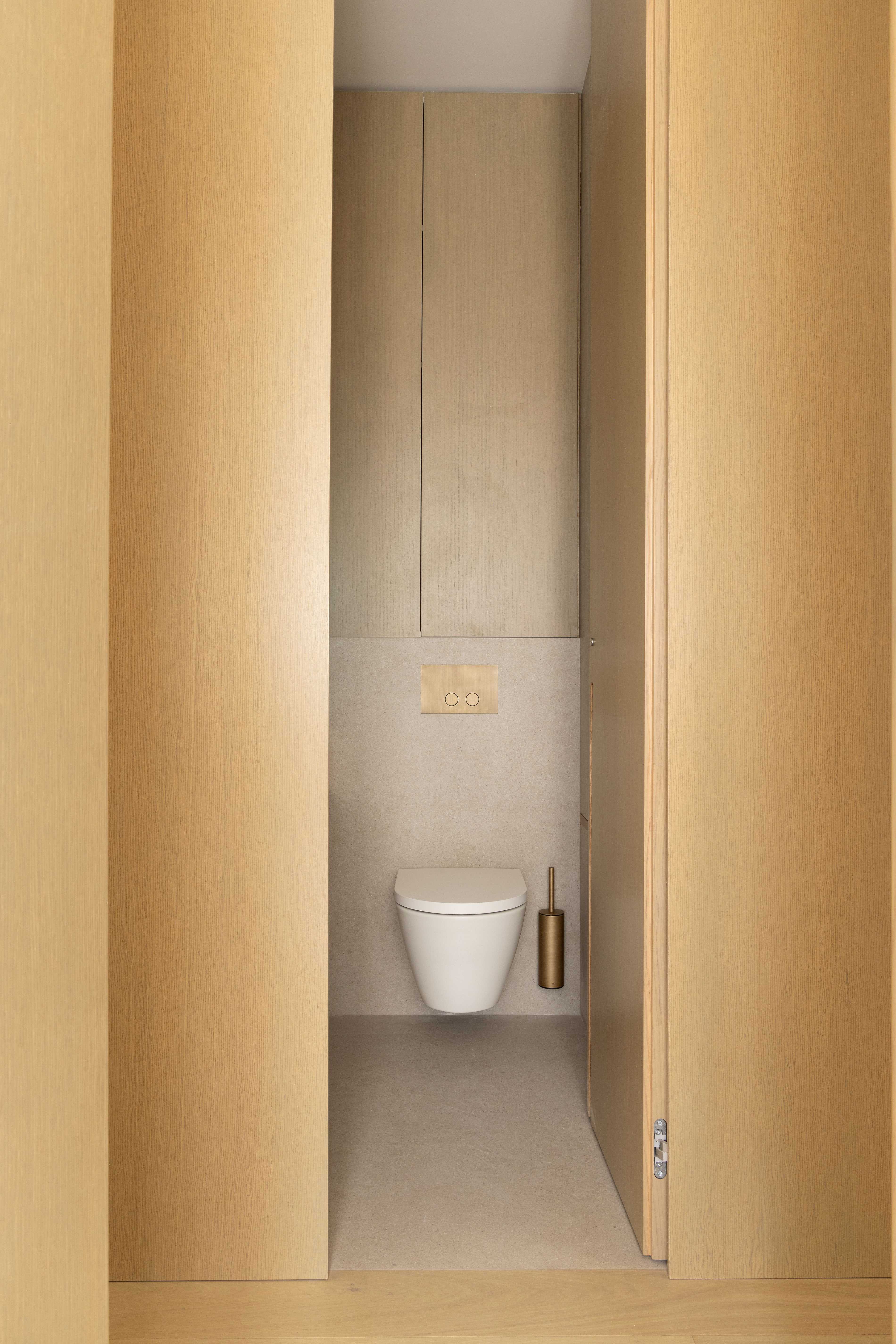 Toilettes suspendues vues à travers porte en bois ouverte avec placard