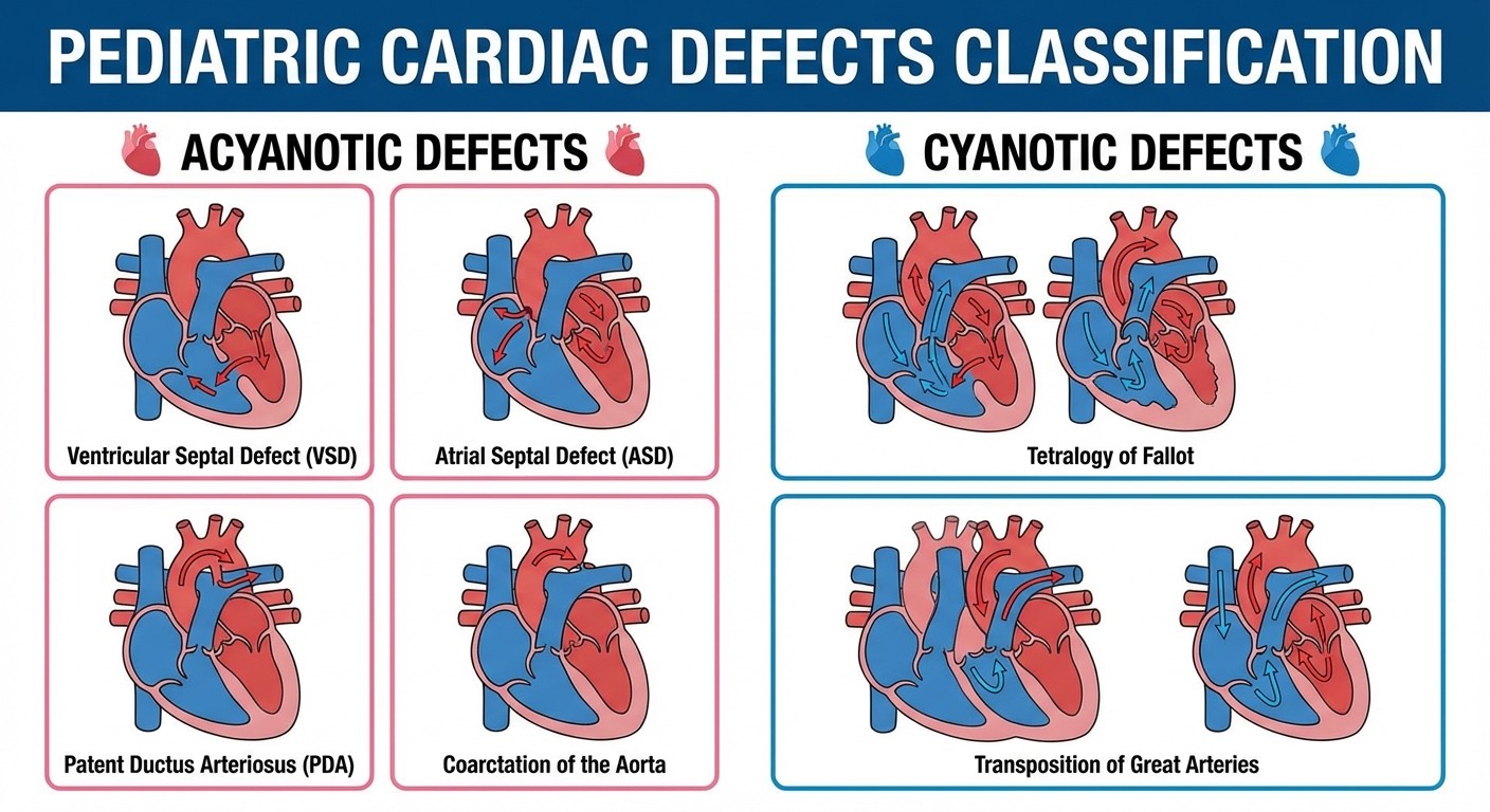 Pediatric cardiac defects classification - acyanotic vs cyanotic congenital heart disease