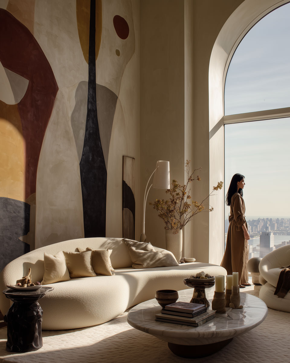 Eine Frau steht an einem großen Bogenfenster in einem stilvollen Wohnzimmer mit modernen geschwungenen Möbeln, abstrakter Wandkunst, einem Couchtisch aus Marmor und neutralen Farbtönen. Die Skyline der Stadt ist durch das Fenster in diesem atemberaubenden 3D-Rendering zu sehen.