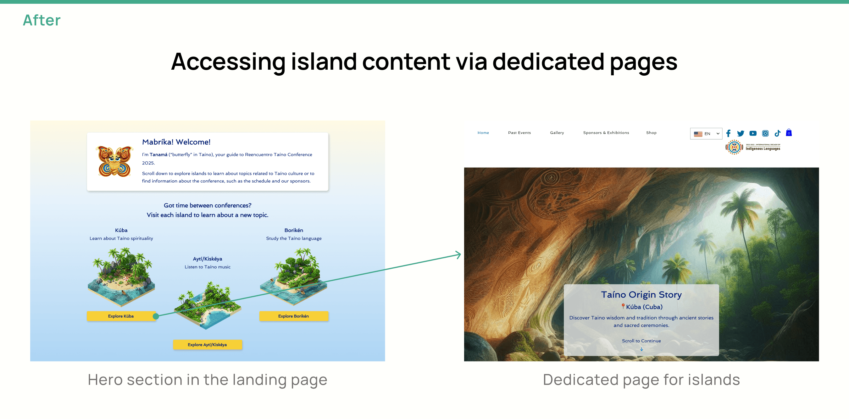 User flow showing how clicking an island button now navigates users to a dedicated page for that island.
