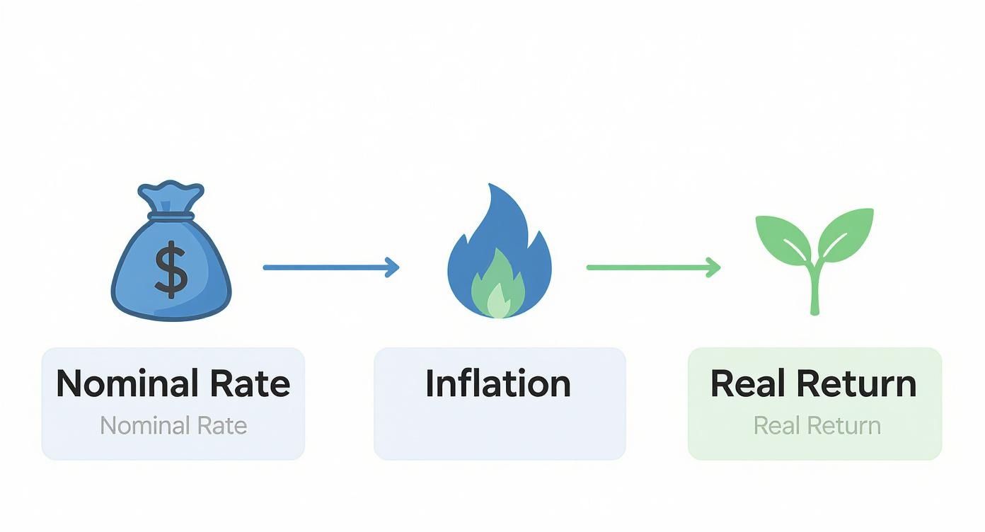 Diagram showing nominal rate minus inflation equals real return with money bag, flame, and plant icons