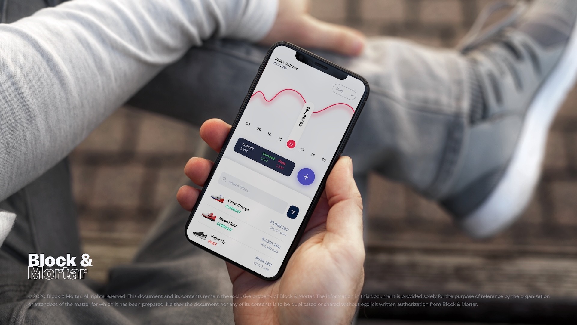 Lifestyle mockup of Block & Mortar contributor account on smartphone held casually, displaying sales volume chart for July 2020, offer management list with Nike sneakers showing revenue figures and unit counts, plus purple add offer button with Block & Mortar logo and copyright notice