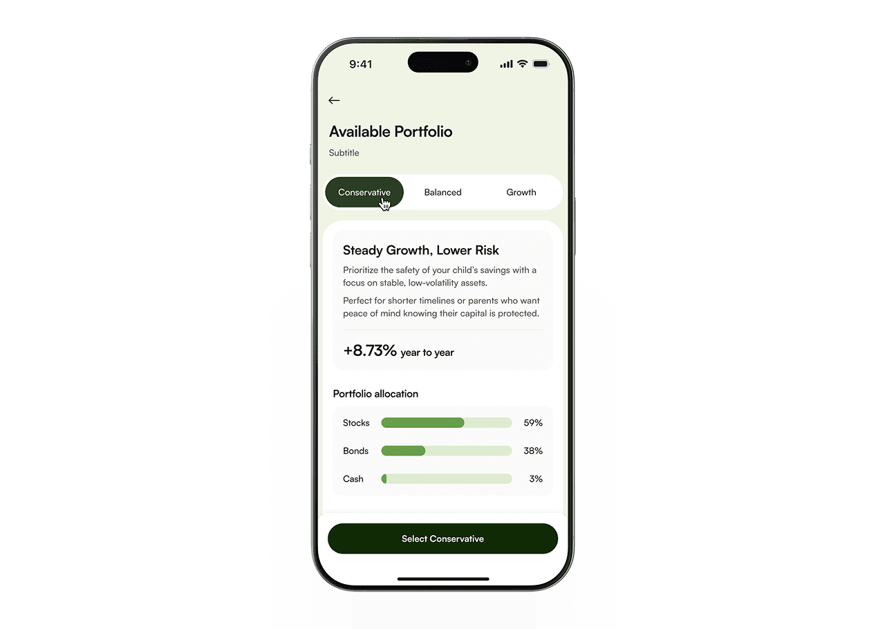 Screen where user can select available investment portfolio