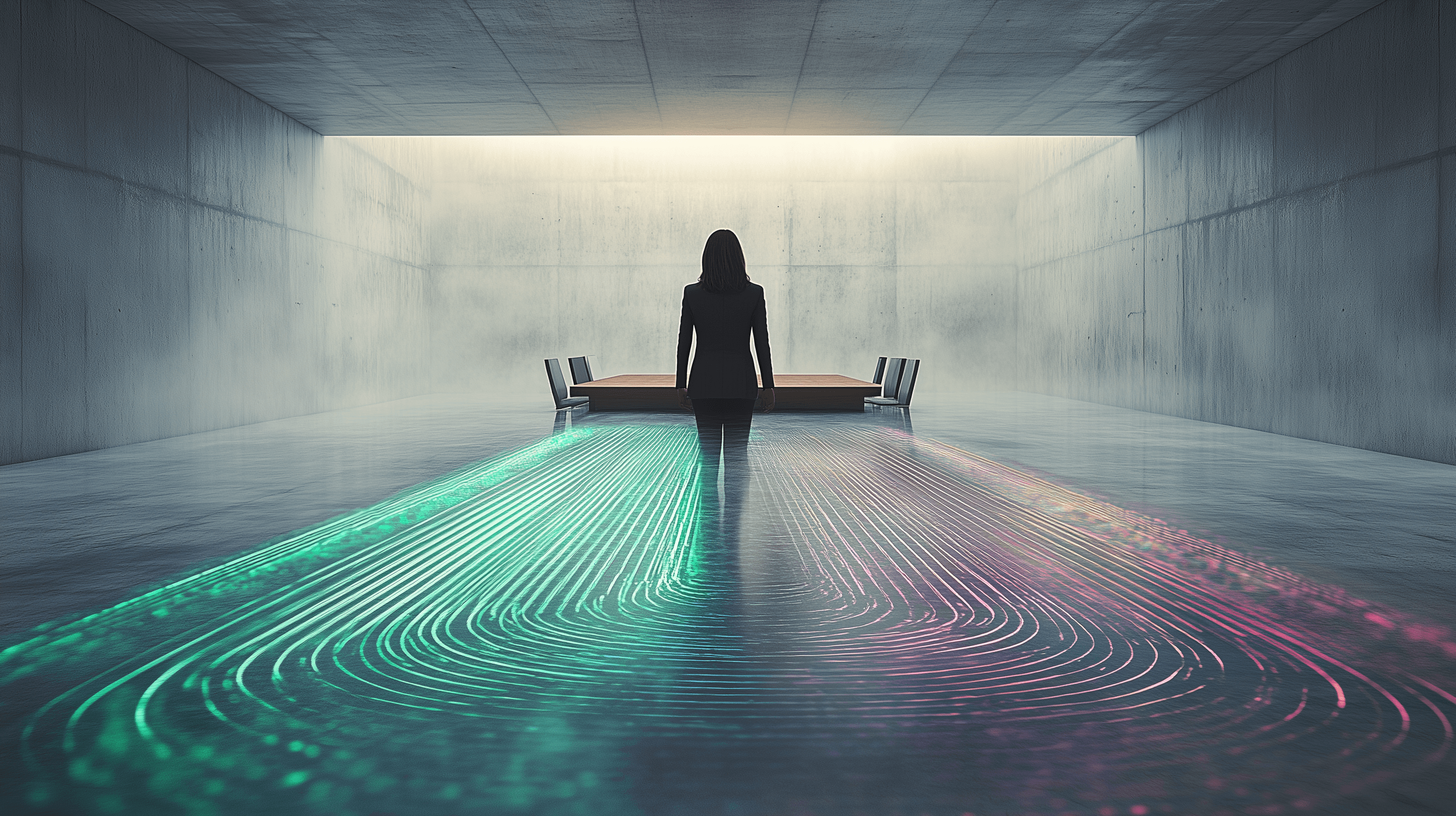 Image of a corporate leadership meeting discussing AI ROI and the loss of expert tacit knowledge