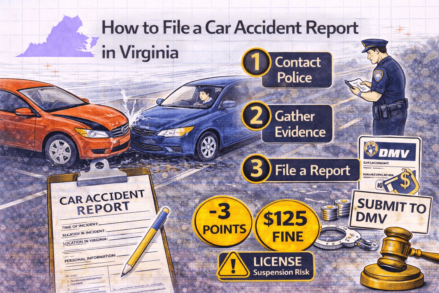 Virginia car accident report filing process with FR-300P form and DMV steps illustrated
