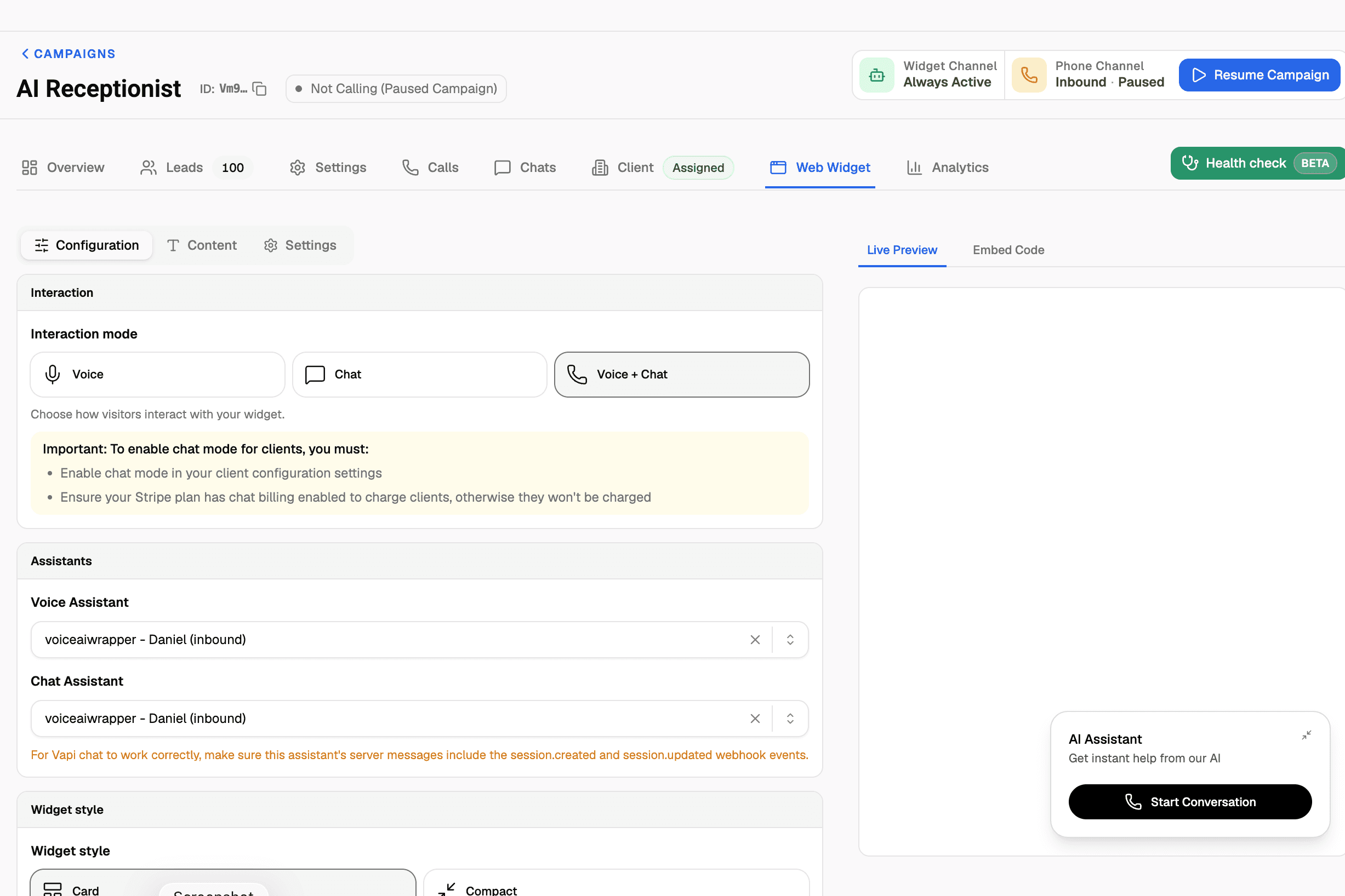 VoiceAIWrapper web widget settings for a Vapi client, showing voice, chat, and combined voice-and-chat modes beside the branded website preview